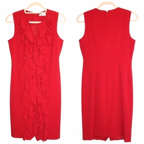 Calvin Klein Red Ruffle V-Neck Sleeveless Dress - Picture 1 of 7